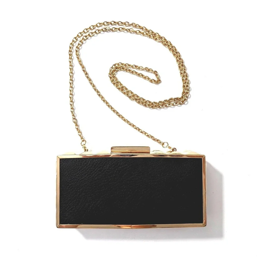 Kate Landry Gold Studded Box Clutch Black Convertible Crossbody Removable Chain